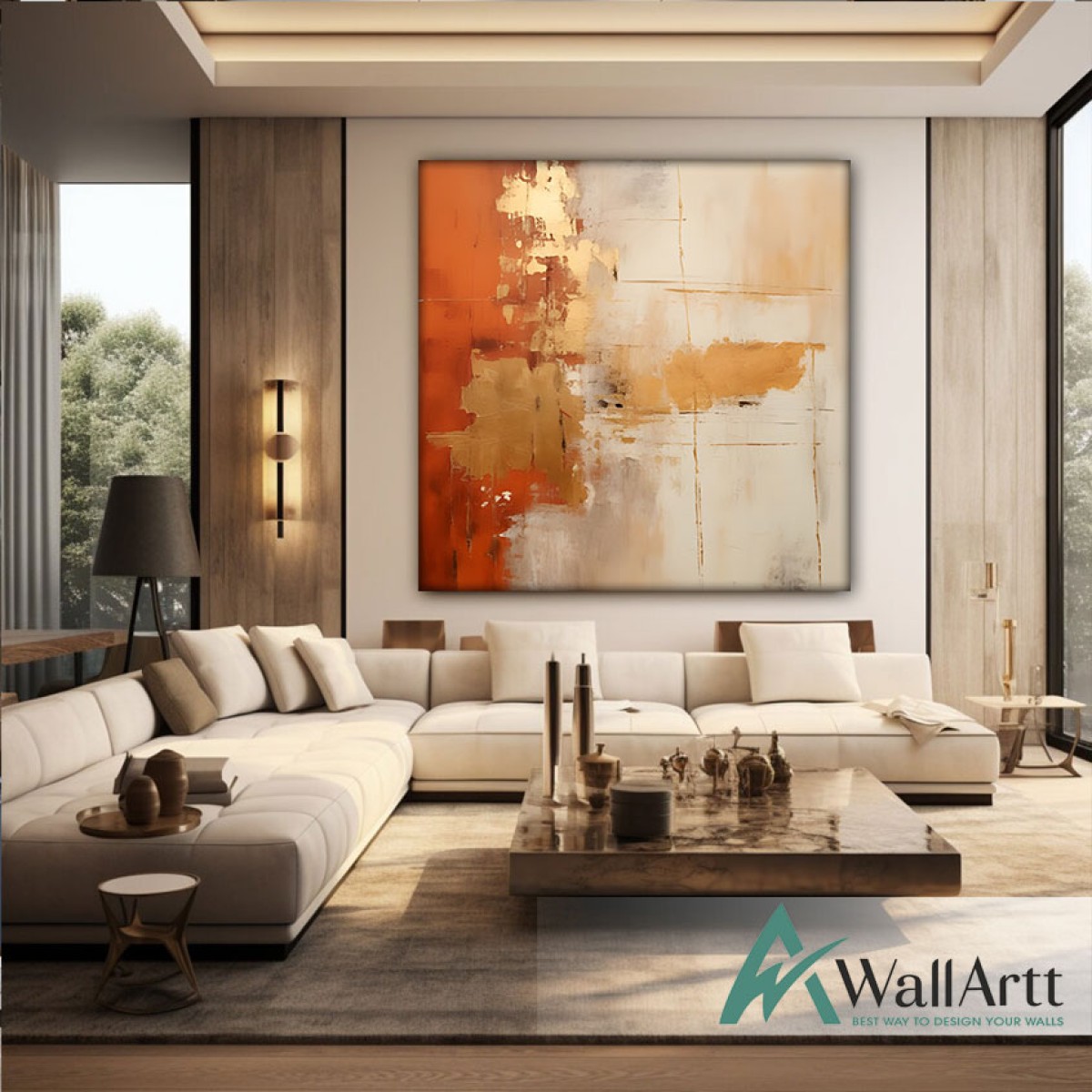 Gold Foil on Orange Abstract Textured Partial Oil Painting - Wall Art